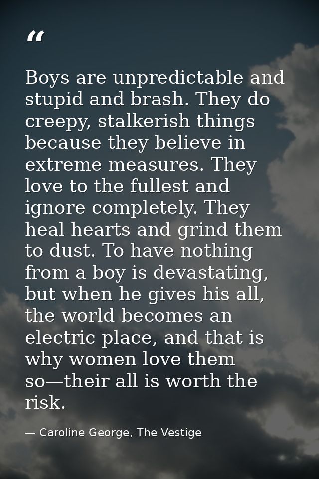 Boys are unpredictable and stupid and brash. They do creepy, stalkerish things because they believe in extreme measures. — Caroline George, The Vestige