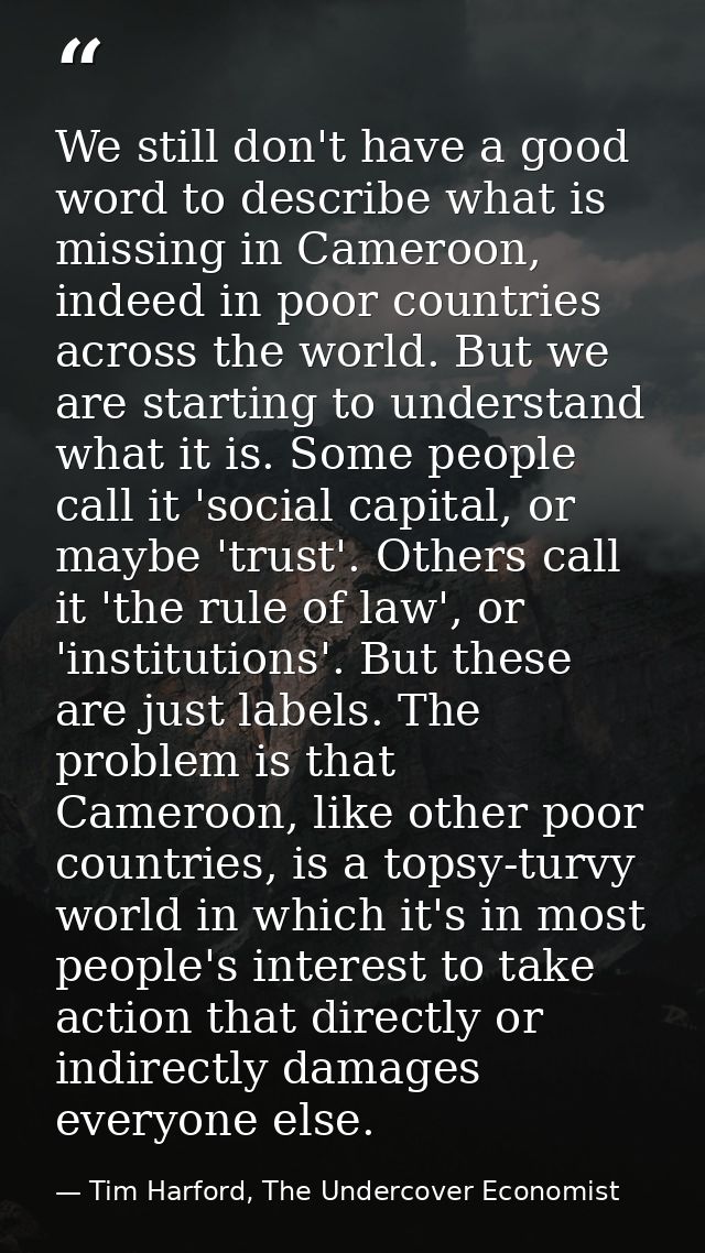 We still don't have a good word to describe what is missing in Cameroon, indeed in poor countries across the world. But  — Tim Harford, The Undercover Economist