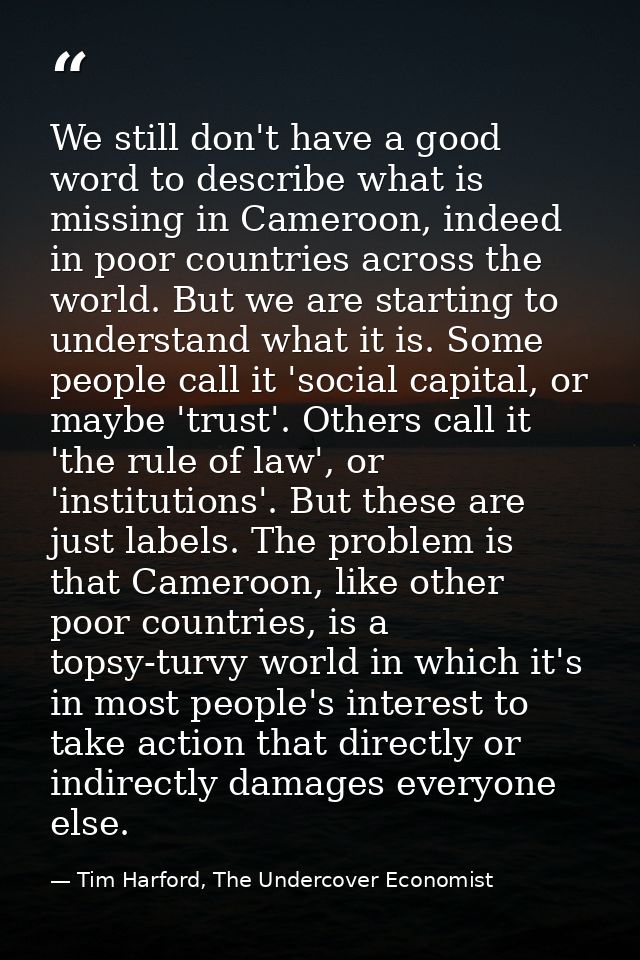 We still don't have a good word to describe what is missing in Cameroon, indeed in poor countries across the world. But  — Tim Harford, The Undercover Economist