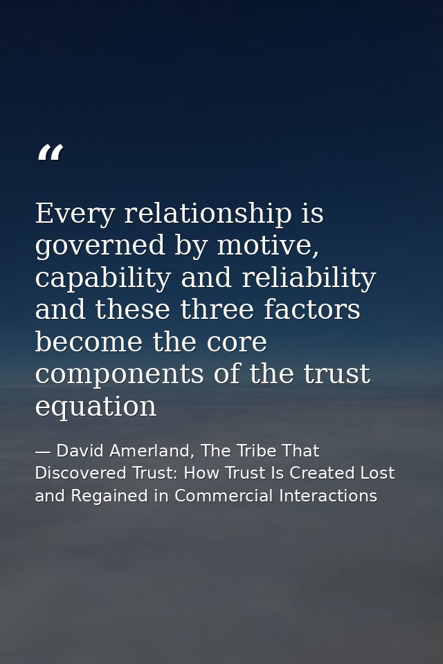 Every relationship is governed by motive, capability and reliability and these three factors become the core components  — David Amerland, The Tribe That Discovered Trust: How Trust Is Created Lost and Regained in Commercial Interactions