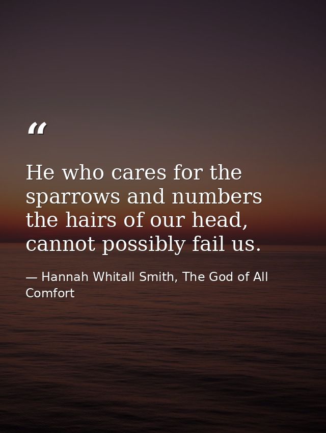 He who cares for the sparrows and numbers the hairs of our head, cannot possibly fail us. — Hannah Whitall Smith, The God of All Comfort
