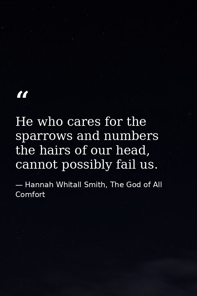 He who cares for the sparrows and numbers the hairs of our head, cannot possibly fail us. — Hannah Whitall Smith, The God of All Comfort