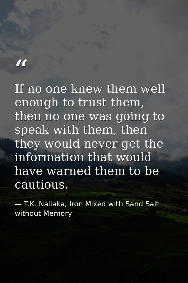 If no one knew them well enough to trust them, then no one was going to speak with them, then they would never get the i — T.K. Naliaka, Iron Mixed with Sand Salt without Memory