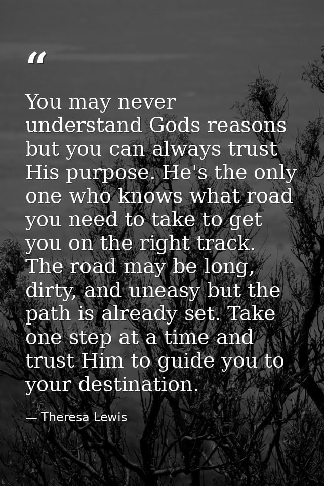 You may never understand Gods reasons but you can always trust His purpose. He's the only one who knows what road you ne — Theresa Lewis