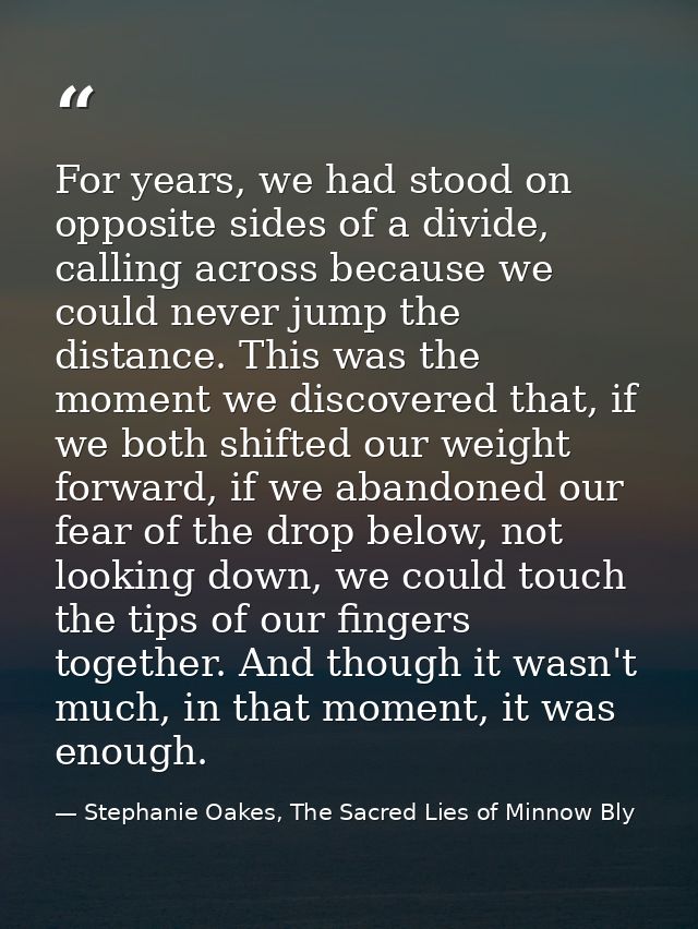 For years, we had stood on opposite sides of a divide, calling across because we could never jump the distance. This was — Stephanie Oakes, The Sacred Lies of Minnow Bly