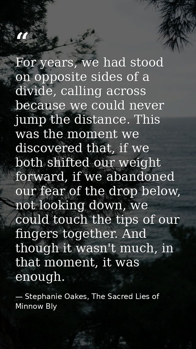 For years, we had stood on opposite sides of a divide, calling across because we could never jump the distance. This was — Stephanie Oakes, The Sacred Lies of Minnow Bly