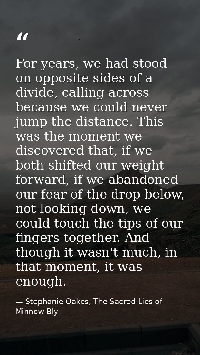 For years, we had stood on opposite sides of a divide, calling across because we could never jump the distance. This was — Stephanie Oakes, The Sacred Lies of Minnow Bly
