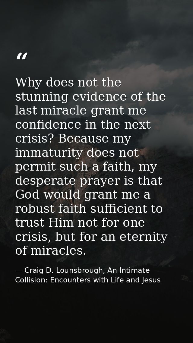 Why does not the stunning evidence of the last miracle grant me confidence in the next crisis? Because my immaturity doe — Craig D. Lounsbrough, An Intimate Collision: Encounters with Life and Jesus