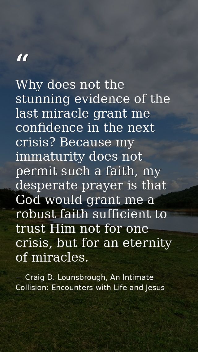Why does not the stunning evidence of the last miracle grant me confidence in the next crisis? Because my immaturity doe — Craig D. Lounsbrough, An Intimate Collision: Encounters with Life and Jesus