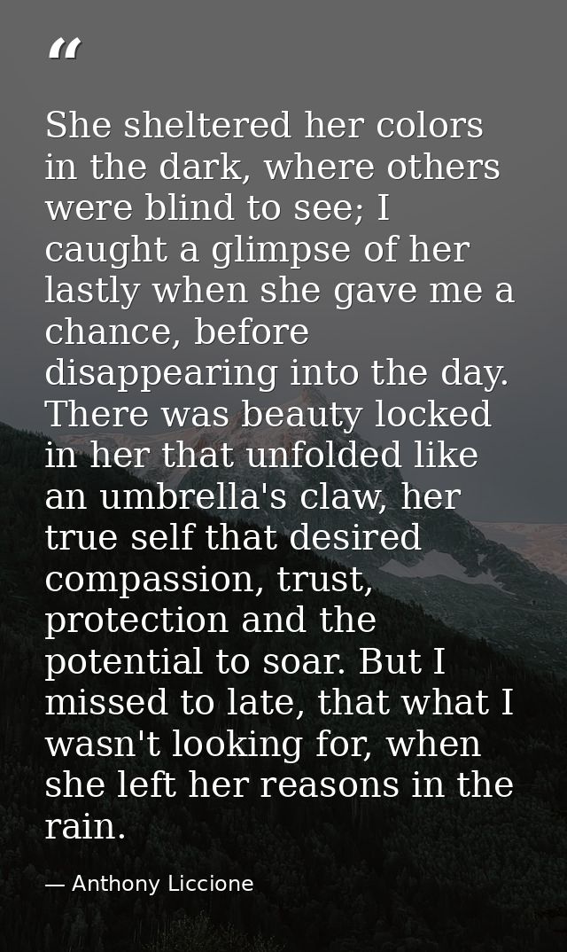 She sheltered her colors in the dark, where others were blind to see; I caught a glimpse of her lastly when she gave me  — Anthony Liccione