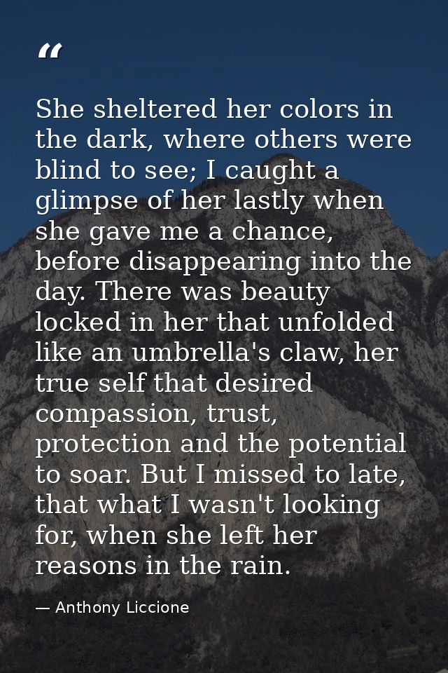 She sheltered her colors in the dark, where others were blind to see; I caught a glimpse of her lastly when she gave me  — Anthony Liccione