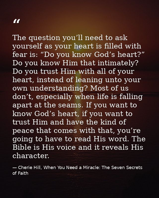 The question you’ll need to ask yourself as your heart is filled with fear is: “Do you know God’s heart?” Do you know Hi — Cherie Hill, When You Need a Miracle: The Seven Secrets of Faith