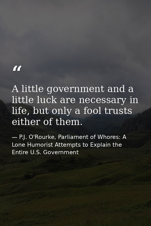 A little government and a little luck are necessary in life, but only a fool trusts either of them. — P.J. O'Rourke, Parliament of Whores: A Lone Humorist Attempts to Explain the Entire U.S. Government