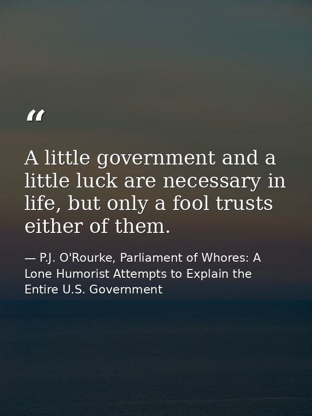 A little government and a little luck are necessary in life, but only a fool trusts either of them. — P.J. O'Rourke, Parliament of Whores: A Lone Humorist Attempts to Explain the Entire U.S. Government