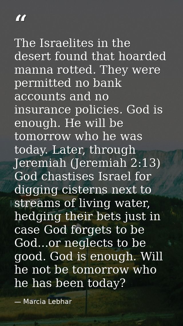 The Israelites in the desert found that hoarded manna rotted. They were permitted no bank accounts and no insurance poli — Marcia Lebhar
