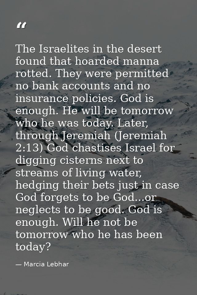 The Israelites in the desert found that hoarded manna rotted. They were permitted no bank accounts and no insurance poli — Marcia Lebhar