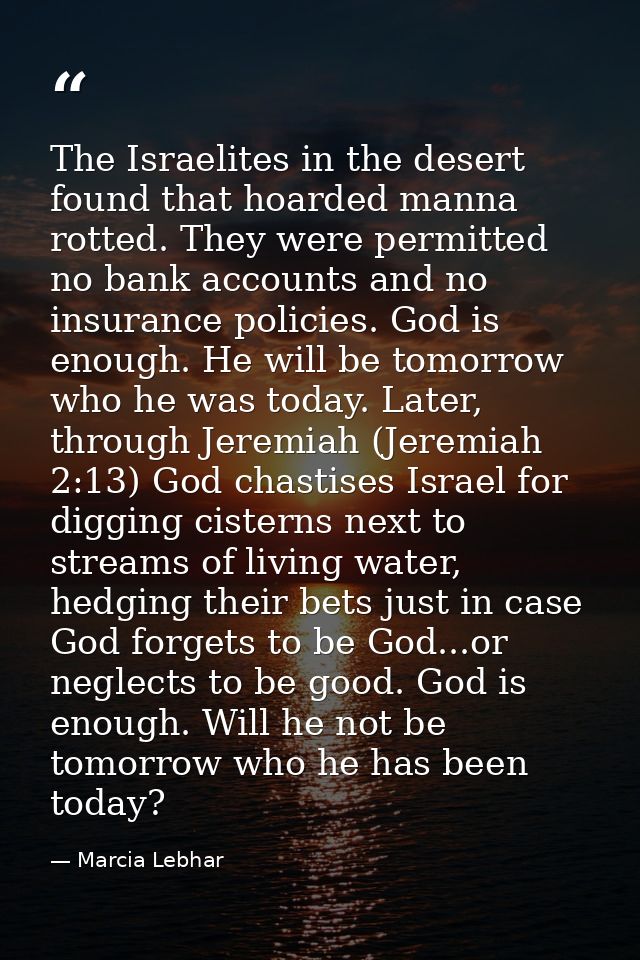 The Israelites in the desert found that hoarded manna rotted. They were permitted no bank accounts and no insurance poli — Marcia Lebhar