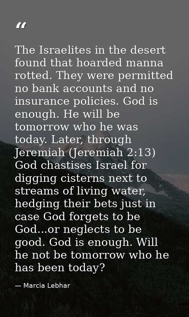 The Israelites in the desert found that hoarded manna rotted. They were permitted no bank accounts and no insurance poli — Marcia Lebhar