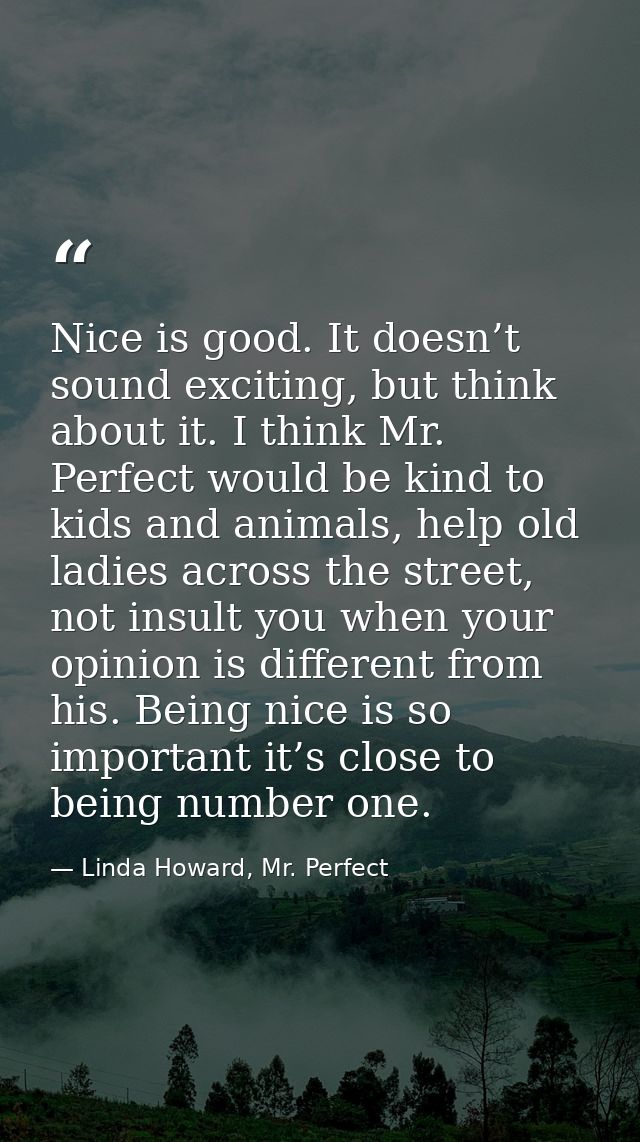 Nice is good. It doesn’t sound exciting, but think about it. I think Mr. Perfect would be kind to kids and animals, help — Linda Howard, Mr. Perfect