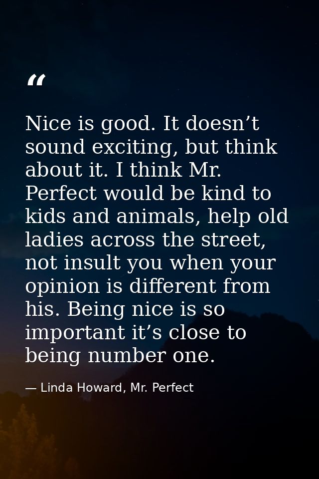 Nice is good. It doesn’t sound exciting, but think about it. I think Mr. Perfect would be kind to kids and animals, help — Linda Howard, Mr. Perfect