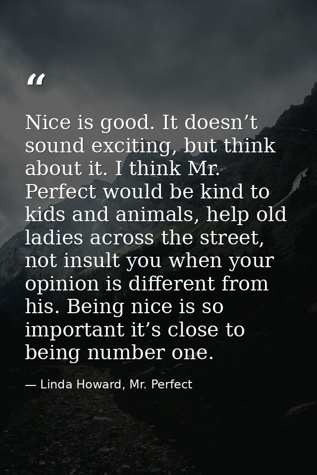 Nice is good. It doesn’t sound exciting, but think about it. I think Mr. Perfect would be kind to kids and animals, help — Linda Howard, Mr. Perfect
