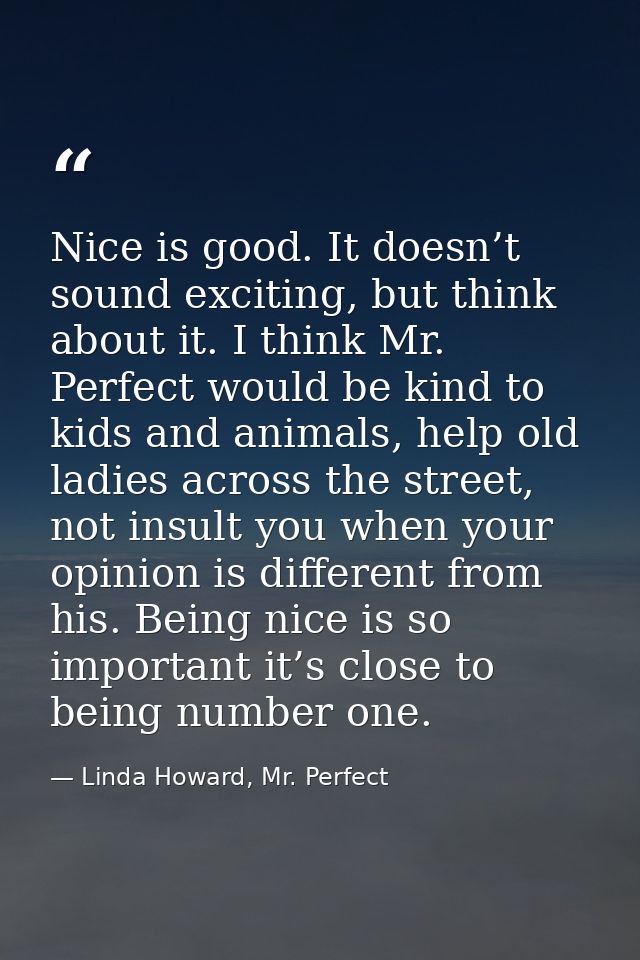 Nice is good. It doesn’t sound exciting, but think about it. I think Mr. Perfect would be kind to kids and animals, help — Linda Howard, Mr. Perfect