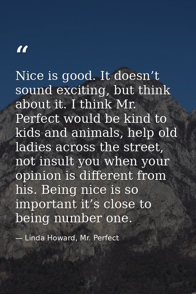 Nice is good. It doesn’t sound exciting, but think about it. I think Mr. Perfect would be kind to kids and animals, help — Linda Howard, Mr. Perfect