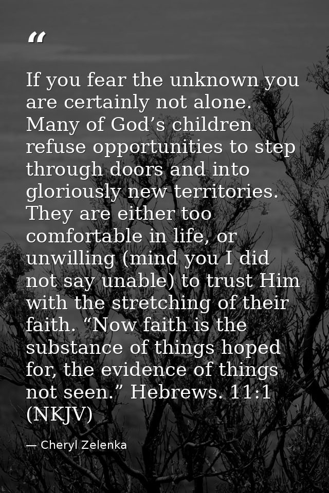 If you fear the unknown you are certainly not alone. Many of God’s children refuse opportunities to step through doors a — Cheryl Zelenka