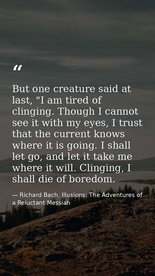 But one creature said at last, "I am tired of clinging. Though I cannot see it with my eyes, I trust that the current kn — Richard Bach, Illusions: The Adventures of a Reluctant Messiah