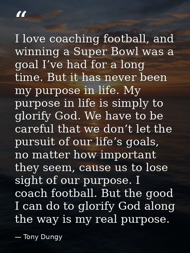 I love coaching football, and winning a Super Bowl was a goal I’ve had for a long time. But it has never been my purpose — Tony Dungy