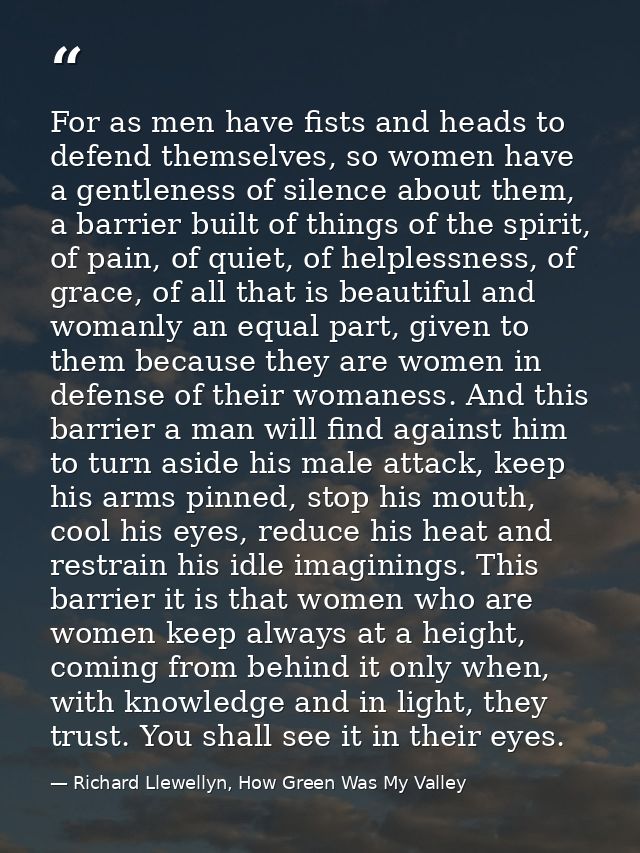 For as men have fists and heads to defend themselves, so women have a gentleness of silence about them, a barrier built  — Richard Llewellyn, How Green Was My Valley