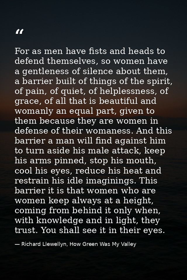 For as men have fists and heads to defend themselves, so women have a gentleness of silence about them, a barrier built  — Richard Llewellyn, How Green Was My Valley