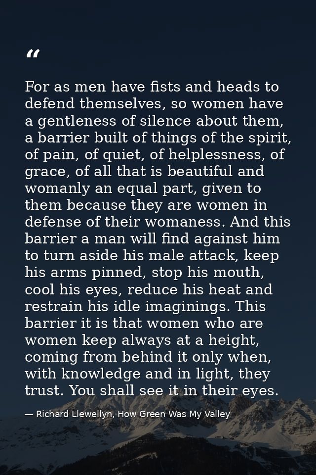 For as men have fists and heads to defend themselves, so women have a gentleness of silence about them, a barrier built  — Richard Llewellyn, How Green Was My Valley
