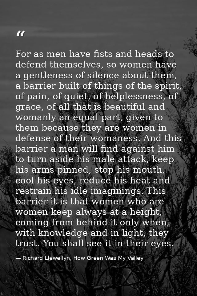For as men have fists and heads to defend themselves, so women have a gentleness of silence about them, a barrier built  — Richard Llewellyn, How Green Was My Valley