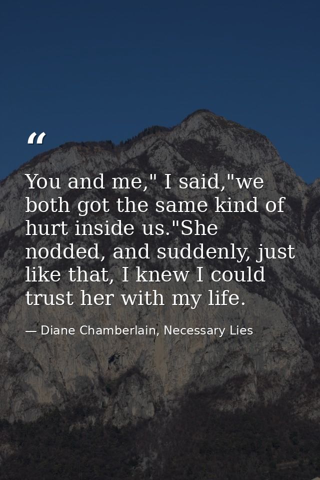 You and me," I said,"we both got the same kind of hurt inside us."She nodded, and suddenly, just like that, I knew I cou — Diane Chamberlain, Necessary Lies