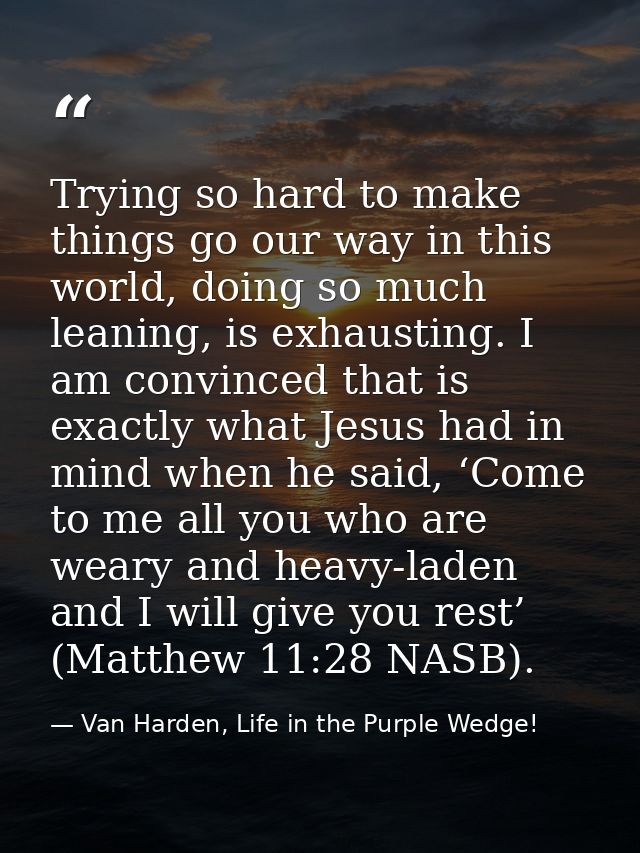 Trying so hard to make things go our way in this world, doing so much leaning, is exhausting. I am convinced that is exa — Van Harden, Life in the Purple Wedge!