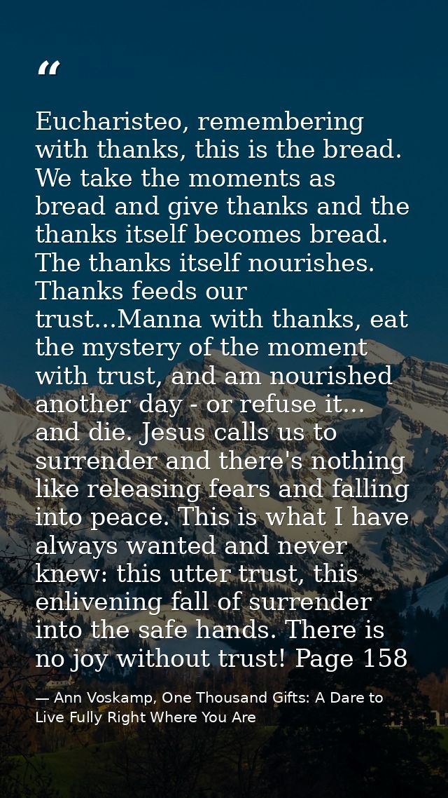 Eucharisteo, remembering with thanks, this is the bread. We take the moments as bread and give thanks and the thanks its — Ann Voskamp, One Thousand Gifts: A Dare to Live Fully Right Where You Are