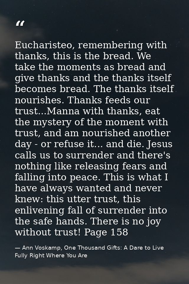 Eucharisteo, remembering with thanks, this is the bread. We take the moments as bread and give thanks and the thanks its — Ann Voskamp, One Thousand Gifts: A Dare to Live Fully Right Where You Are