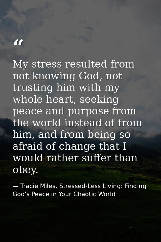My stress resulted from not knowing God, not trusting him with my whole heart, seeking peace and purpose from the world  — Tracie Miles, Stressed-Less Living: Finding God's Peace in Your Chaotic World