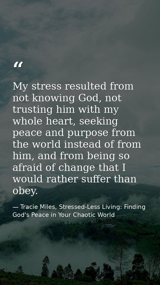 My stress resulted from not knowing God, not trusting him with my whole heart, seeking peace and purpose from the world  — Tracie Miles, Stressed-Less Living: Finding God's Peace in Your Chaotic World