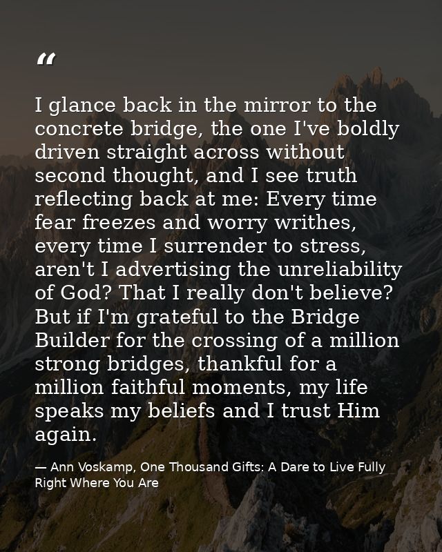 I glance back in the mirror to the concrete bridge, the one I've boldly driven straight across without second thought, a — Ann Voskamp, One Thousand Gifts: A Dare to Live Fully Right Where You Are