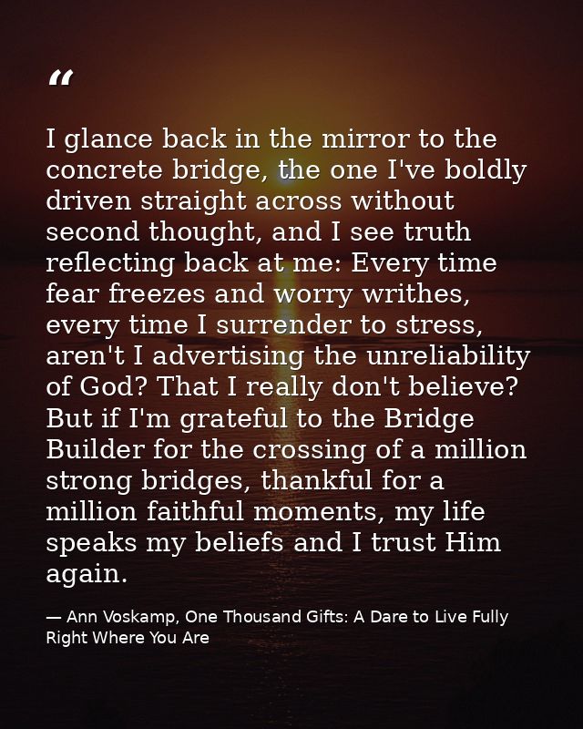 I glance back in the mirror to the concrete bridge, the one I've boldly driven straight across without second thought, a — Ann Voskamp, One Thousand Gifts: A Dare to Live Fully Right Where You Are