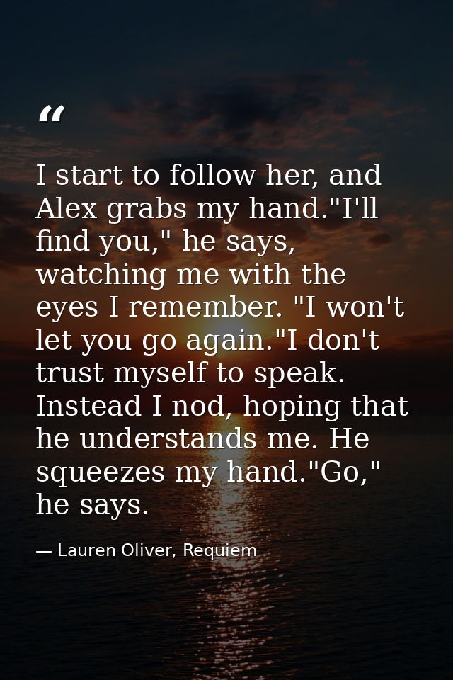 I start to follow her, and Alex grabs my hand."I'll find you," he says, watching me with the eyes I remember. "I won't l — Lauren Oliver, Requiem