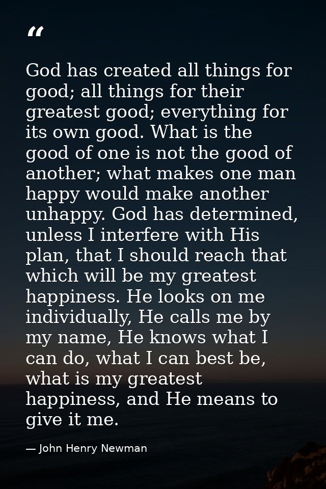 God has created all things for good; all things for their greatest good; everything for its own good. What is the good o — John Henry Newman