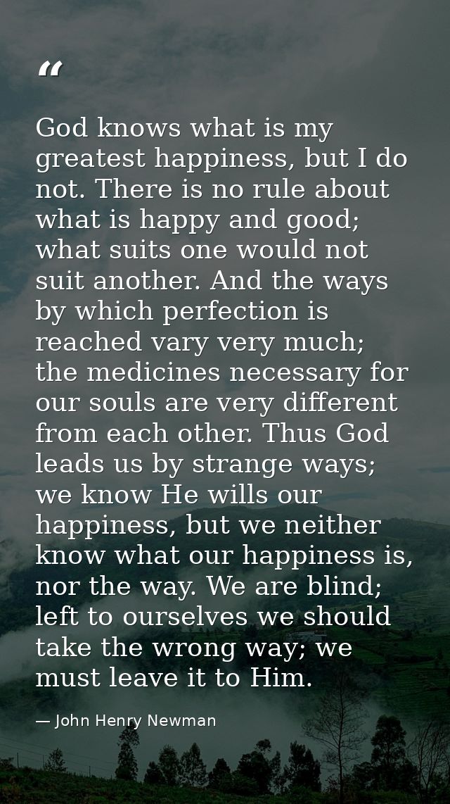 God knows what is my greatest happiness, but I do not. There is no rule about what is happy and good; what suits one wou — John Henry Newman