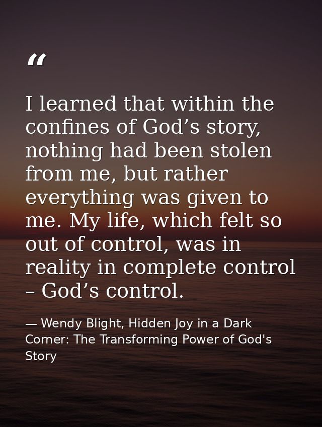 I learned that within the confines of God’s story, nothing had been stolen from me, but rather everything was given to m — Wendy Blight, Hidden Joy in a Dark Corner: The Transforming Power of God's Story