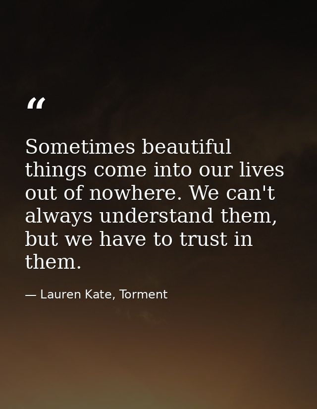 Sometimes beautiful things come into our lives out of nowhere. We can't always understand them, but we have to trust in  — Lauren Kate, Torment