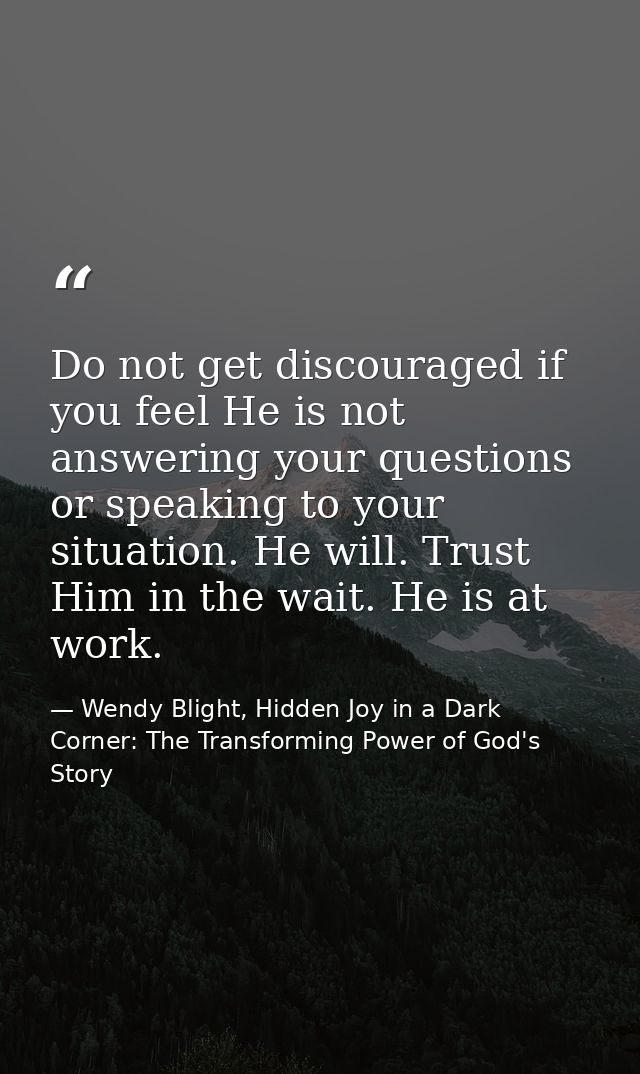 Do not get discouraged if you feel He is not answering your questions or speaking to your situation. He will. Trust Him  — Wendy Blight, Hidden Joy in a Dark Corner: The Transforming Power of God's Story
