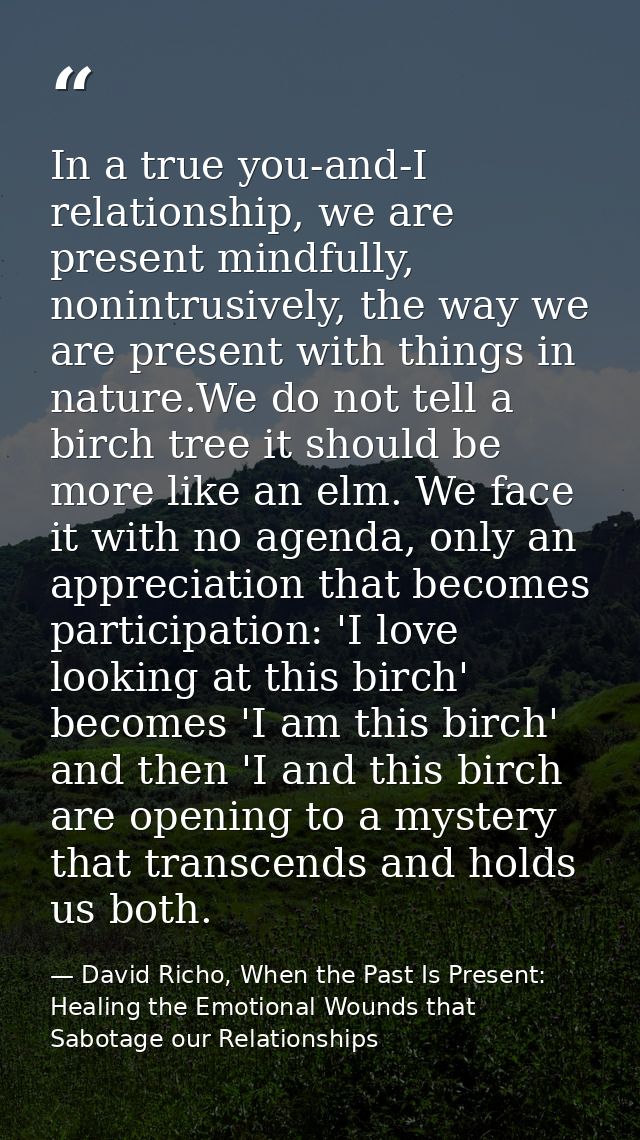 In a true you-and-I relationship, we are present mindfully, nonintrusively, the way we are present with things in nature — David Richo, When the Past Is Present: Healing the Emotional Wounds that Sabotage our Relationships