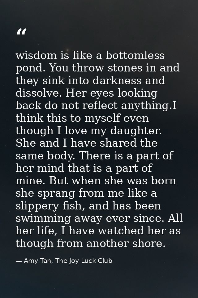 wisdom is like a bottomless pond. You throw stones in and they sink into darkness and dissolve. Her eyes looking back do — Amy Tan, The Joy Luck Club